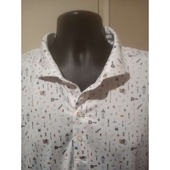 Johnnie O Polo Shirt Mens 2XL White All Over Print Geometric Performance Drinks - Picture 2 of 13